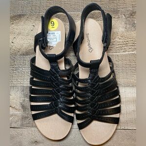 Baretraps Women's Hinder Black Strappy Wedge Memory‎ Foam Sandals Size 9
